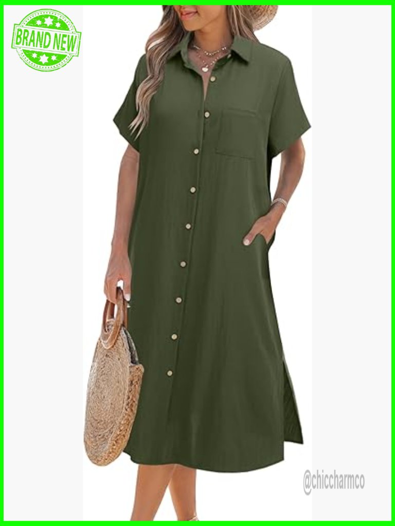 Casual Short Sleeve Button Down Shirt Dress With Pockets Midi Length